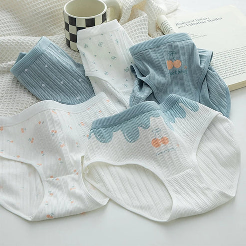 Pack Of 5 Pure Cotton Seamless Girls' Briefs Color Block Cheery Print Briefs, Cute Comfy Breathable Stretchy Underwear For Girls And Women's