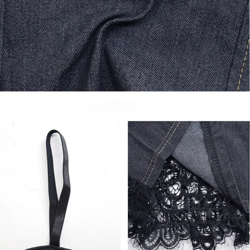 Ladies Imported Denim Tops Women Denim Vest Camisole Cropped Tank Top Shirt Bra Lace Splice Party Clubwear