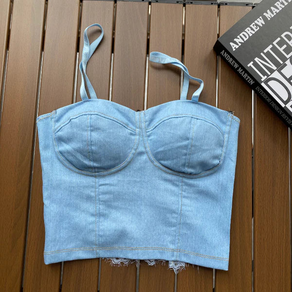 Ladies Imported Denim Tops Women Denim Vest Camisole Cropped Tank Top Shirt Bra Lace Splice Party Clubwear