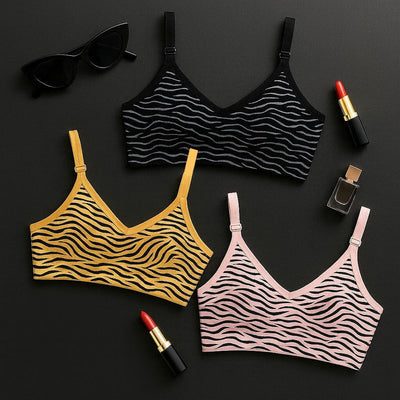Pack Of 3 Tiger Print Cotton Bra