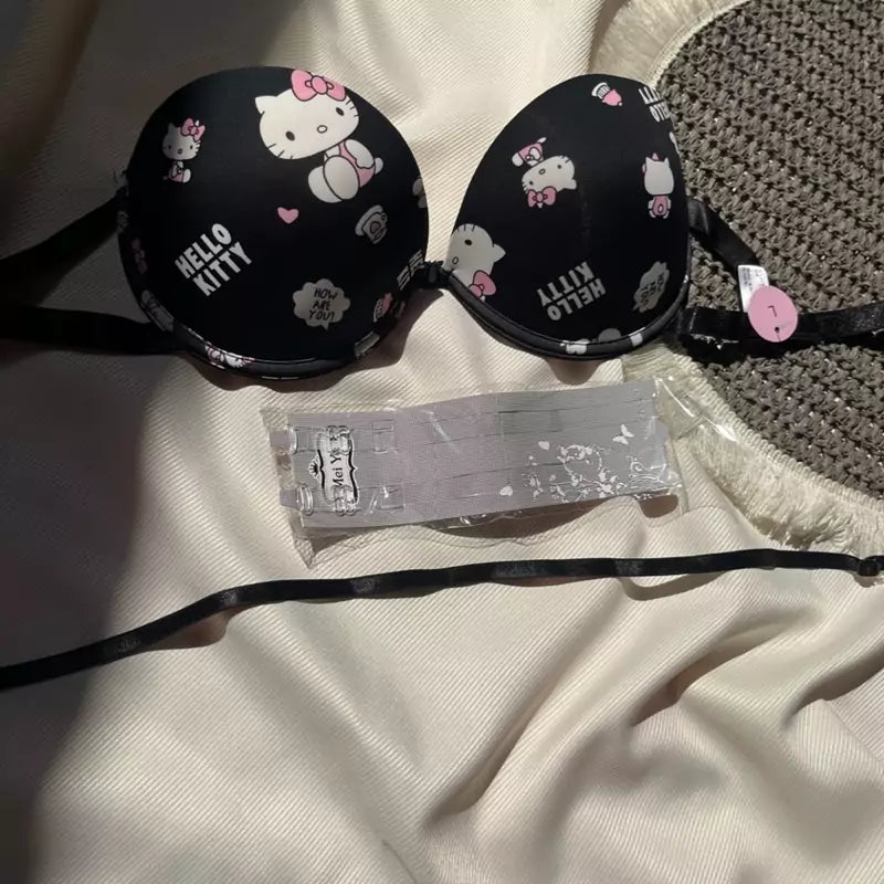 High Quality Front Open 4 In 1 Push-up Hello Kitty Print Adjustable Straps Bra Panty Set